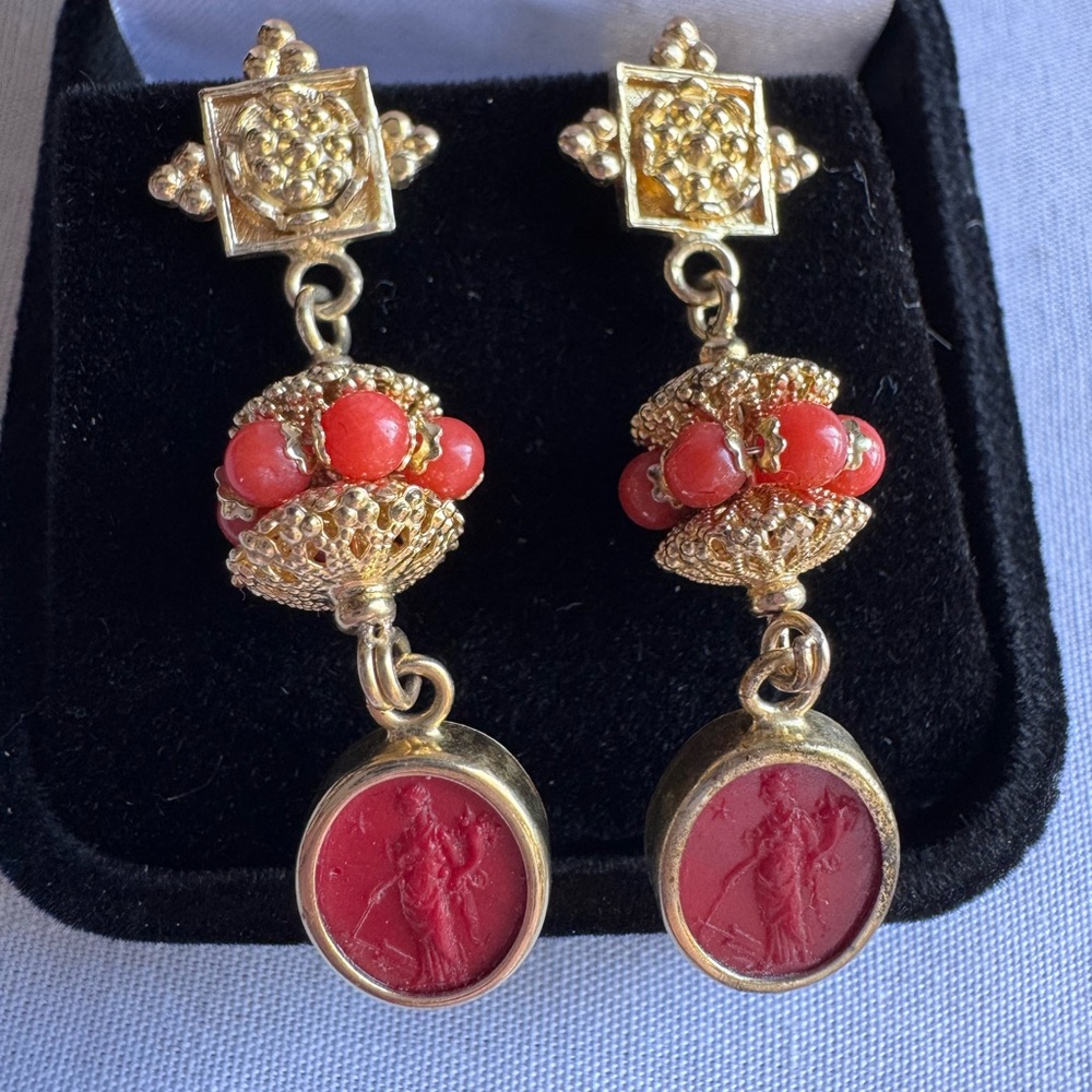 Tagliamonte Venetian 18K Gold over Sterling Red Coral Intaglio Cameo Earrings